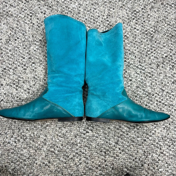 Vintage 70s 80s turquoise Italian suede leather applique mid calf flat boots 8 - Picture 4 of 15